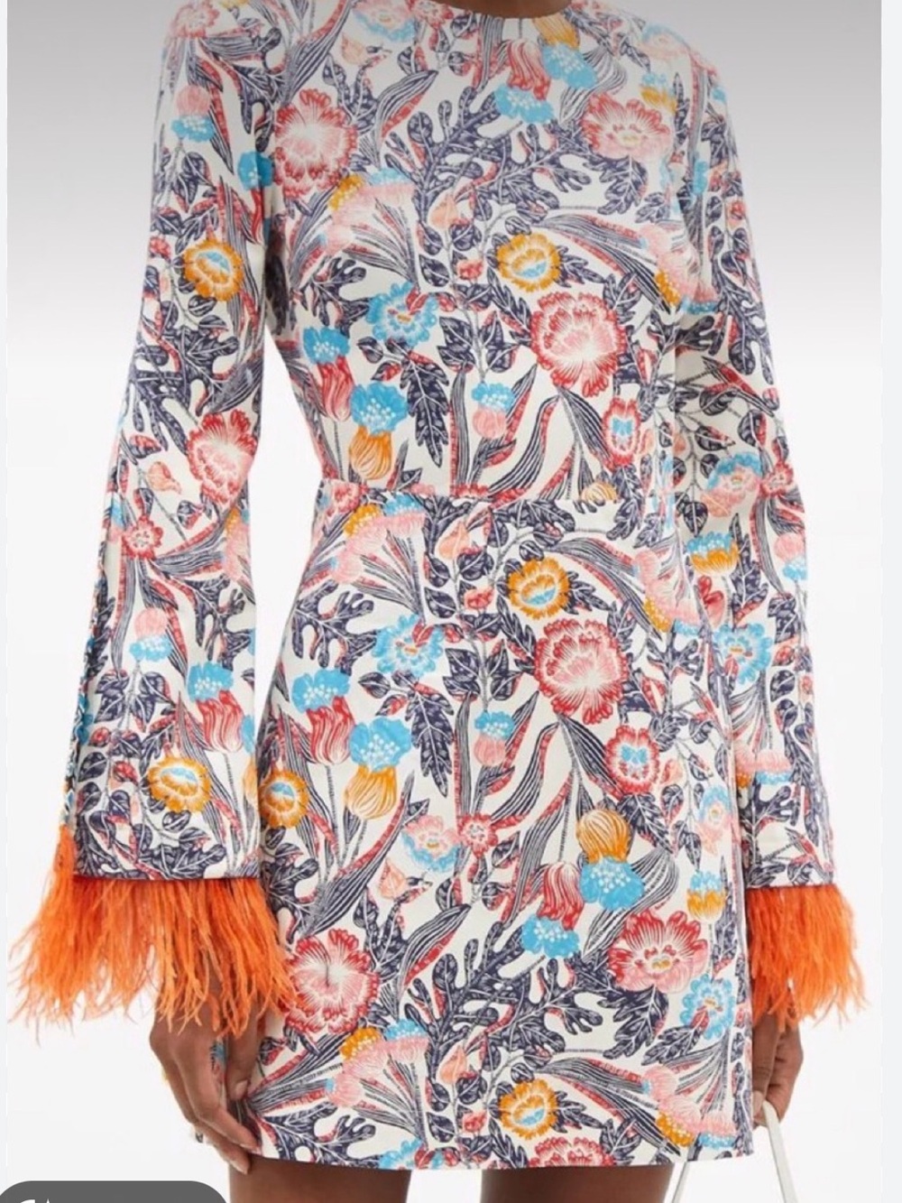 LA DoubleJ White Floral Long Sleeve Mini Dress with Orange Feather Cuffs